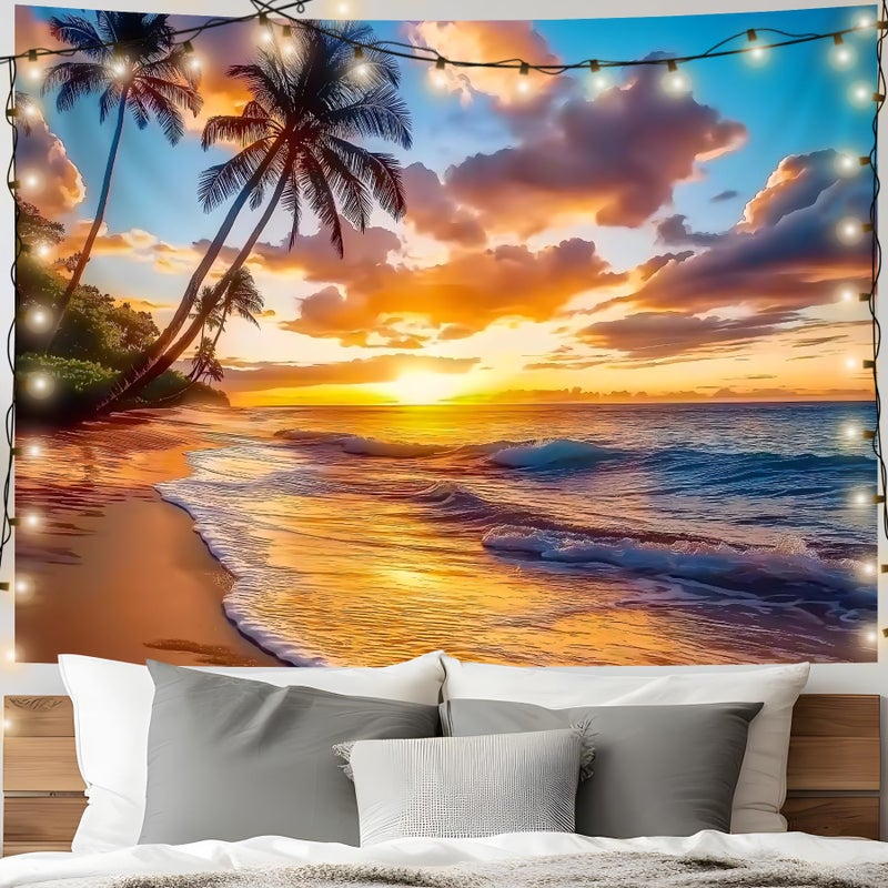 AOHMPT Ocean Sunset Tapestry, Beach Evening Sunset Tapestry, Natural Beach Palm Tree Landscape Poster, Seaside Landscape Wall Hanging for Bedroom, Dorm Room and Living Room Wall Decor 79" L x 59" W - Image 3
