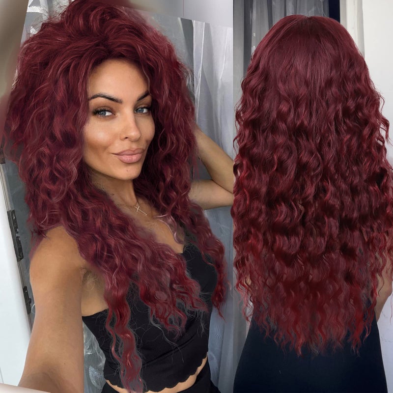 GNIMEGIL Long Red Curly Wigs for Women Free Part Burgundy Wig Layered Haircut Fluffy Synthetic Hair Wave Wigs Outfits Cosplay Drag Queen Wig Costume
