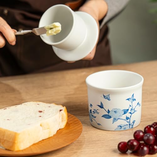 teapeak Stoneware Butter Crock with Lid, Ceramic Butter Dish with Water Line, Countertop Butter Keeper, Butter Holder for Countertop, Flower - Image 2