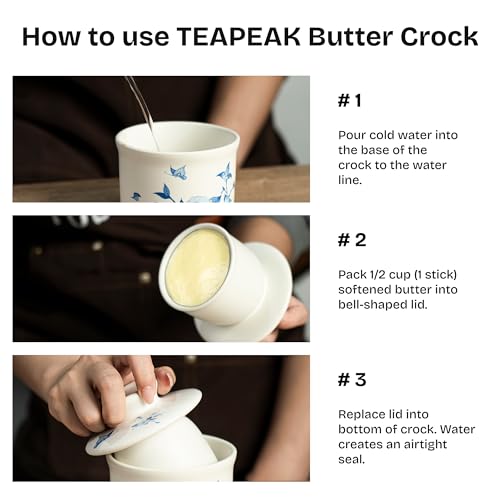 teapeak Stoneware Butter Crock with Lid, Ceramic Butter Dish with Water Line, Countertop Butter Keeper, Butter Holder for Countertop, Flower - Image 4