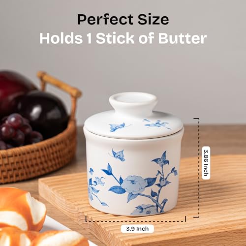 teapeak Stoneware Butter Crock with Lid, Ceramic Butter Dish with Water Line, Countertop Butter Keeper, Butter Holder for Countertop, Flower - Image 5