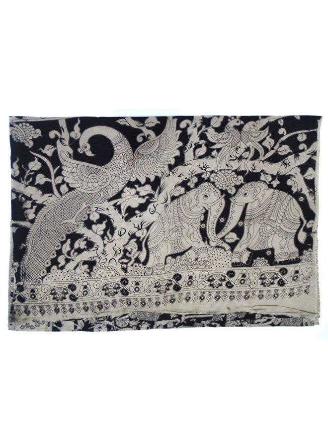 SR Handlooms and Textiles SR Handlooms and Textiles Kalamkari Cotton Saree with Blouse Piece, Black and Grey Animal Print, Traditional Design - Image 4