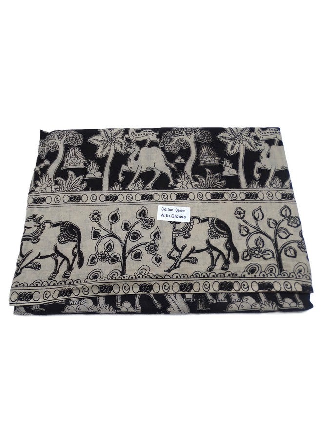 SR Handlooms and Textiles SR Handlooms and Textiles Kalamkari Cotton Saree with Blouse Piece, Black and Grey Animal Print, Traditional Design - Image 2