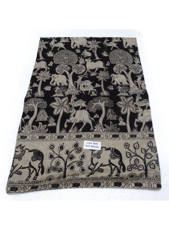 SR Handlooms and Textiles SR Handlooms and Textiles Kalamkari Cotton Saree with Blouse Piece, Black and Grey Animal Print, Traditional Design - Image 1