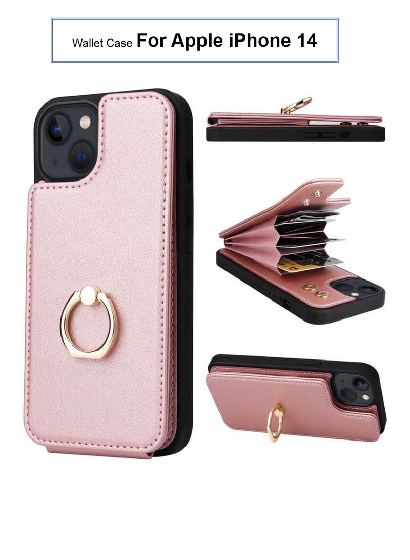 iPhone 14 Leather Wallet Flip Case Shockproof RFID Card Slots Kickstand 360 Stand Secure Women Rose Gold - Image 1