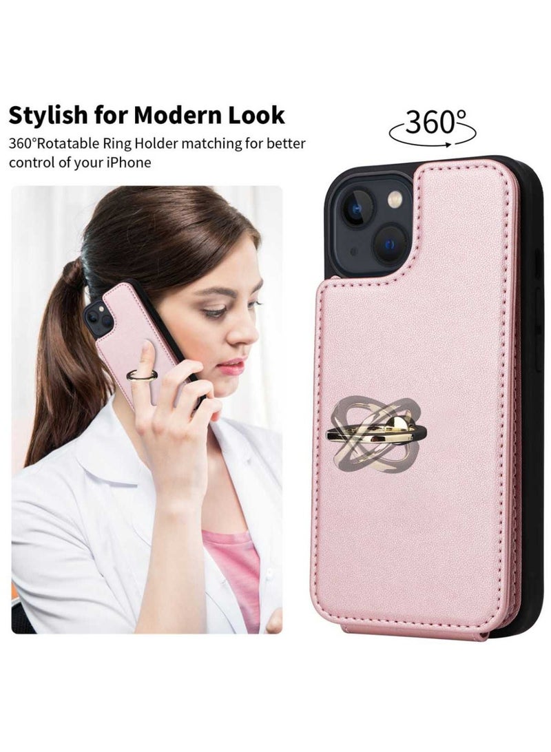 iPhone 14 Leather Wallet Flip Case Shockproof RFID Card Slots Kickstand 360 Stand Secure Women Rose Gold - Image 2
