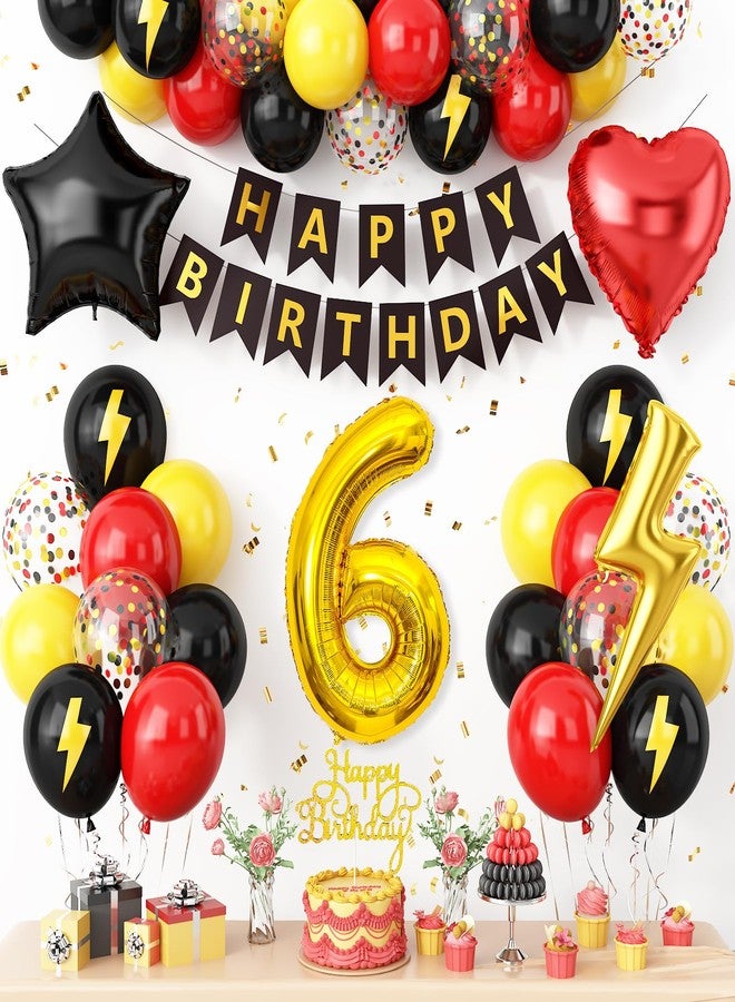 Vibzox 6th Birthday Decorations for Boys,Red Black Yellow Birthday Balloon Kids Printed Number 6 Balloons Banner Cake Topper Boy Girls 6 Year Old Party Decor - Image 1