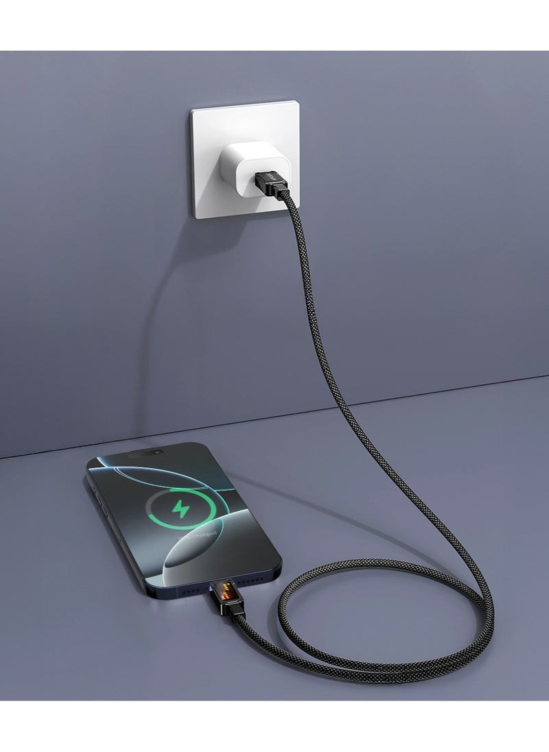 porodo - USB-C to Lightning Braided Cable with LED Illuminated Indicator / Fast Charger / 480Mbps Fast Data Transfer Cable / PD 30W / 1m Cable - Black - Image 1