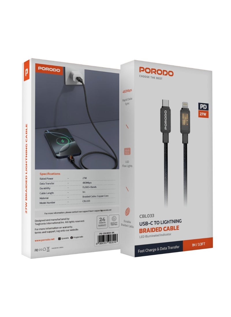 porodo - USB-C to Lightning Braided Cable with LED Illuminated Indicator / Fast Charger / 480Mbps Fast Data Transfer Cable / PD 30W / 1m Cable - Black - Image 1