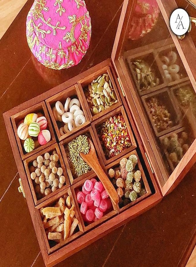 CLASSIC EXPORT علبة توابل خشبية من خشب الشيشام من كلاسيك إكسبورت، 9 حاويات قابلة للإزالة مع ملعقة، علبة تخزين توابل تقليدية، علبة توابل خشبية فاخرة من خشب الشيشام للمطبخ، علبة مجوهرات خشبية - Image 1