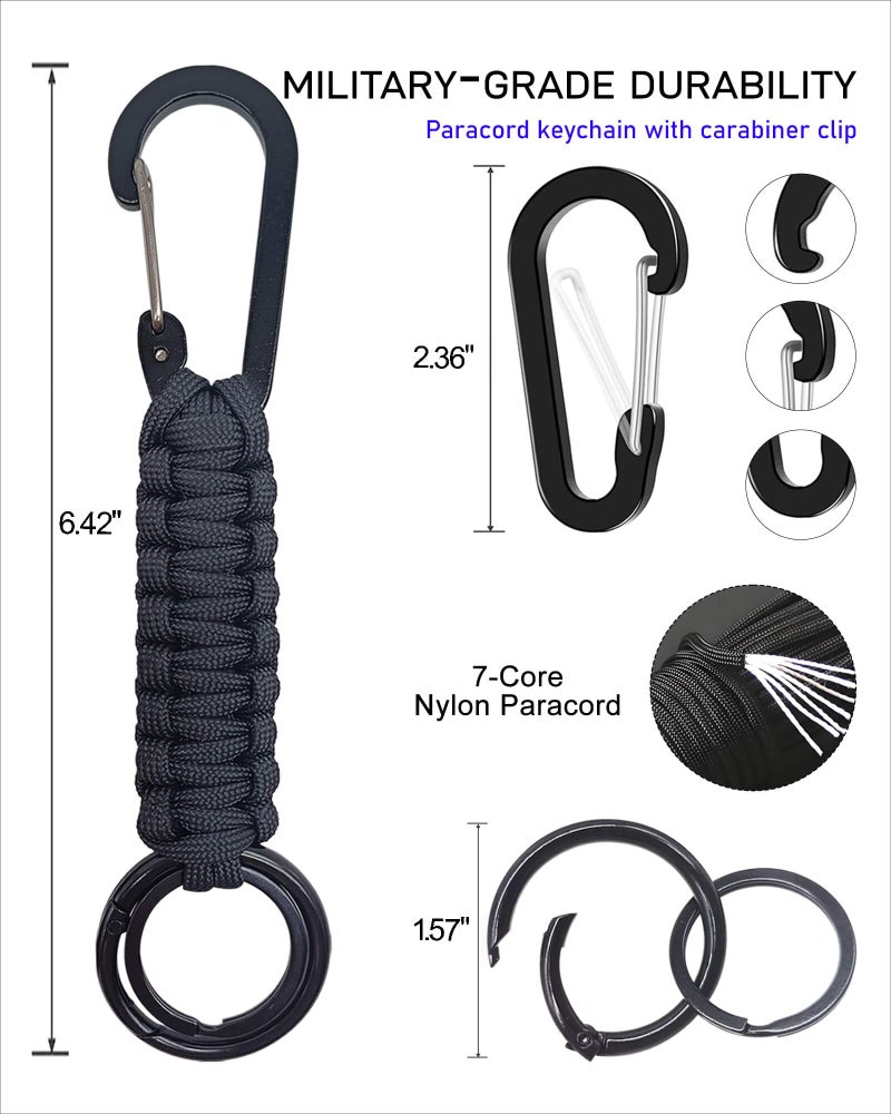 JulaZenith Paracord Keychain Carabiner With Strap, Tactical Paracord Carabiner Keychain, Keychain Lanyard For Men, Durable Key Chains Men For Fishing, Climbing, Hiking And Camping, Black (2 Pack) - Image 2