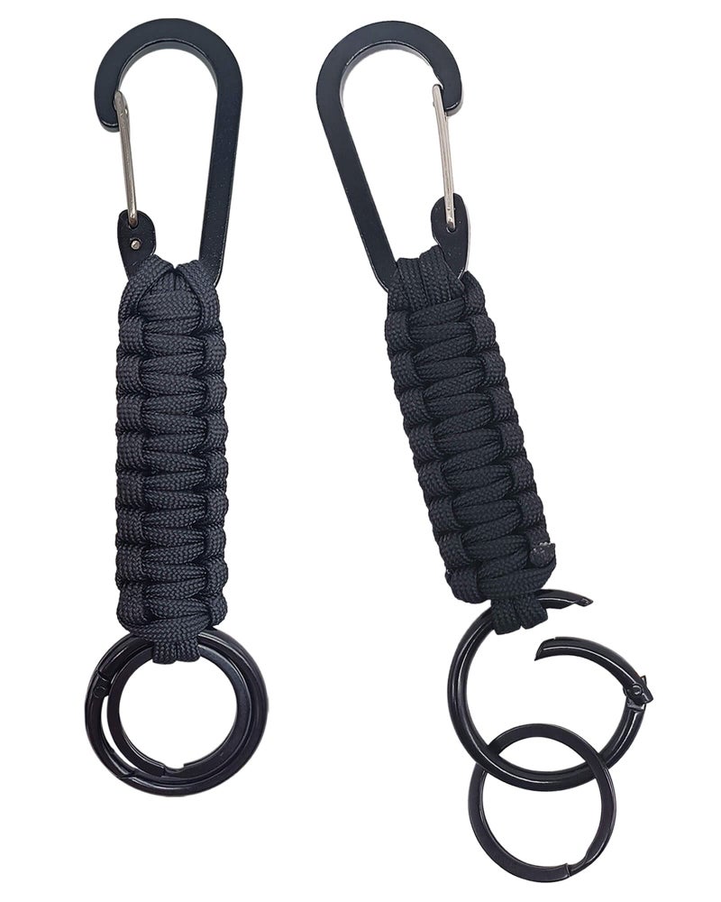JulaZenith Paracord Keychain Carabiner With Strap, Tactical Paracord Carabiner Keychain, Keychain Lanyard For Men, Durable Key Chains Men For Fishing, Climbing, Hiking And Camping, Black (2 Pack) - Image 1