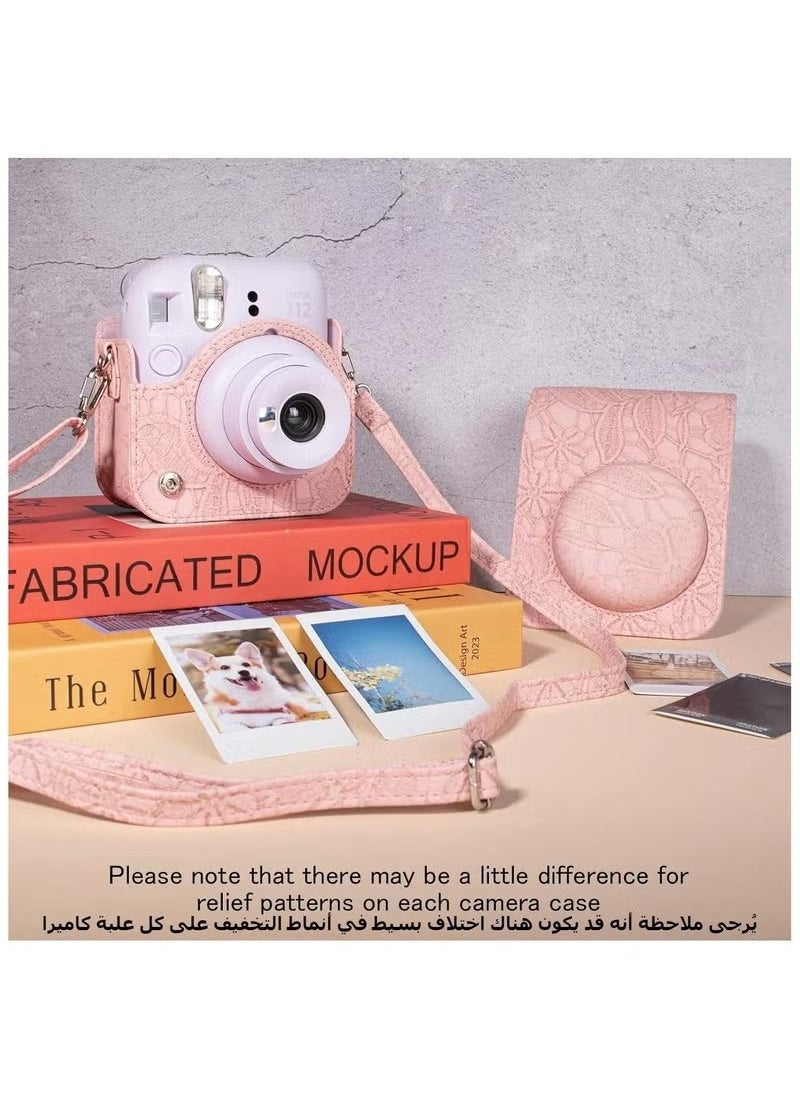 Unewshi Instant Camera Case Bag With Strap For Fujifilm Instax Mini 12 , PU Leather Embossed Pattern, Pink  - Image 5