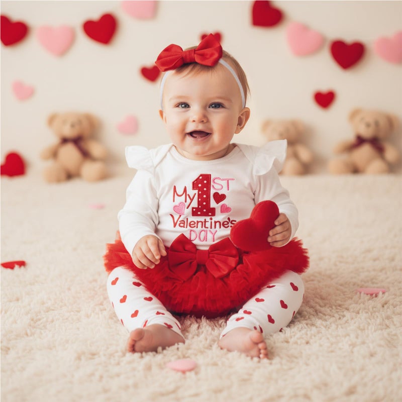 BeQeuewll Newborn Baby Girl Valentines Outfit 1st Letter Romper+Tutu Shorts+Headband+Leg Warmers Babies First Holiday Outfit (V-Day, 0-3 Months) - Image 3