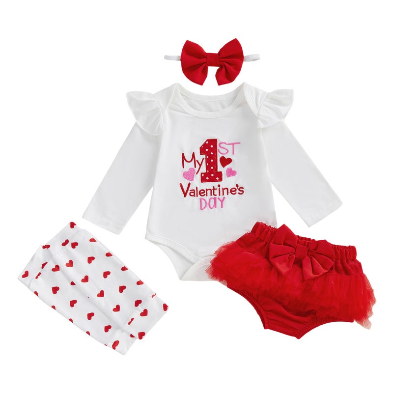 BeQeuewll Newborn Baby Girl Valentines Outfit 1st Letter Romper+Tutu Shorts+Headband+Leg Warmers Babies First Holiday Outfit (V-Day, 0-3 Months) - Image 1