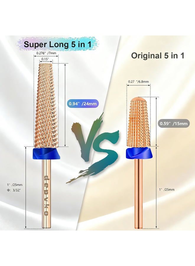 Depvko Super Long 5 in 1 Nail Drill Bits, 3/32'' Carbide Tungsten Bits, Two Way Rotate Professional Advanced Safety Bits for Nail, Fast Remove for Manicure Pedicure Cuticle Gel Polishing(M, Rose Gold) - Image 3