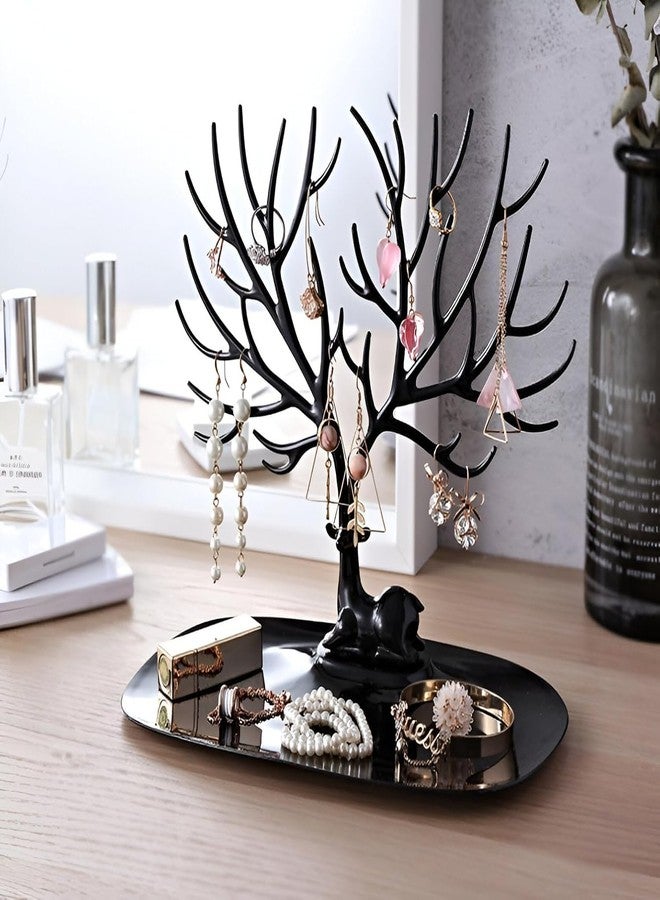 Aldea Plastic Deer Antlers Jewelry Holder Tree | Creative Sika Deer Jewelry Organizer Stand with Tray for Rings, Earrings & Necklaces (Black) - Image 1