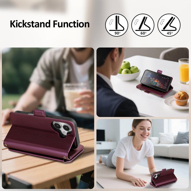 Antsturdy Compatible with Magsafe Magnetic 2 in 1 Detachable iPhone 17 Wallet Case with Credit Card Holder Slots,PU Leather RFID Blocking Phone Cover Wrist Strap Zipper Women Men,Wine Red - Image 5
