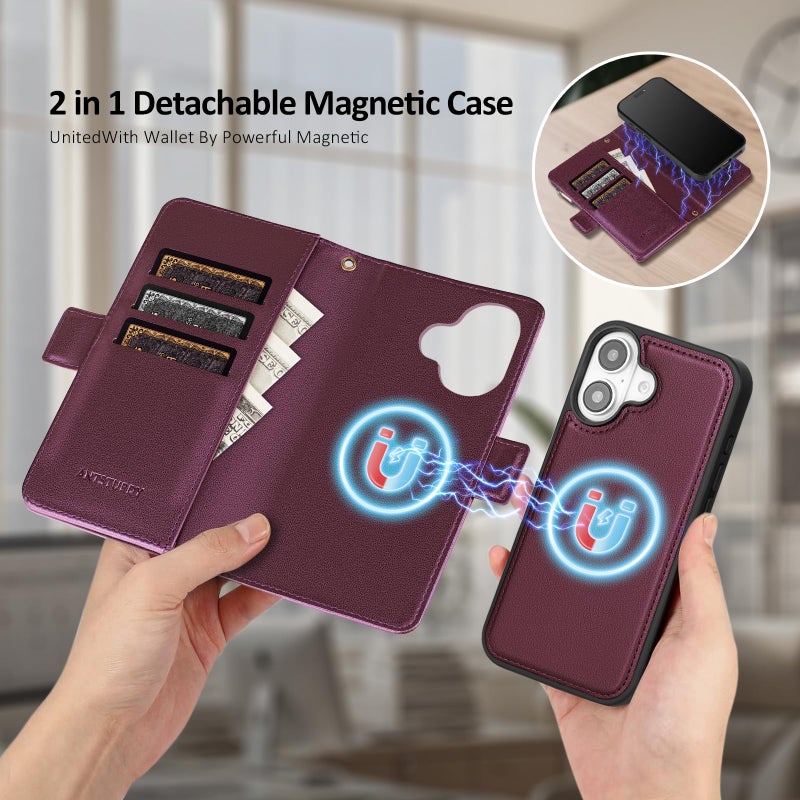 Antsturdy Compatible with Magsafe Magnetic 2 in 1 Detachable iPhone 17 Wallet Case with Credit Card Holder Slots,PU Leather RFID Blocking Phone Cover Wrist Strap Zipper Women Men,Wine Red - Image 2