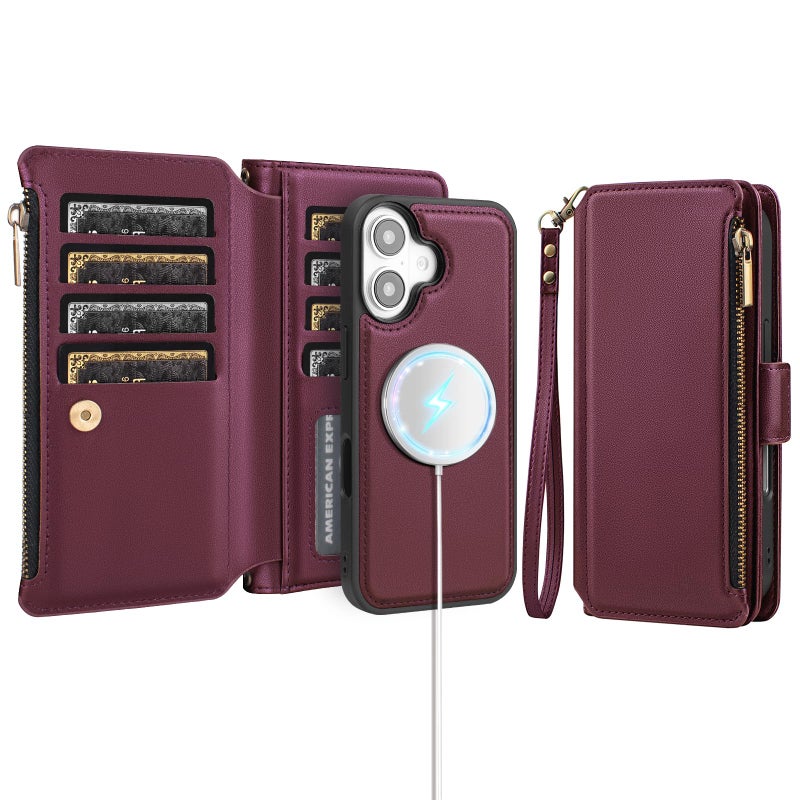 Antsturdy Compatible with Magsafe Magnetic 2 in 1 Detachable iPhone 17 Wallet Case with Credit Card Holder Slots,PU Leather RFID Blocking Phone Cover Wrist Strap Zipper Women Men,Wine Red - Image 1