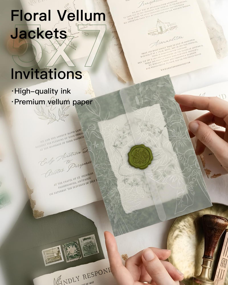 MIIOO Floral Vellum Jackets for 5x7 Invitations, 50 Pack Prefolded Botanical Invitation Wraps & Sleeves, Bouquet Design for Wedding, Baby Shower, Birthday - Image 3