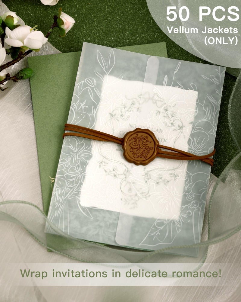 MIIOO Floral Vellum Jackets for 5x7 Invitations, 50 Pack Prefolded Botanical Invitation Wraps & Sleeves, Bouquet Design for Wedding, Baby Shower, Birthday - Image 5