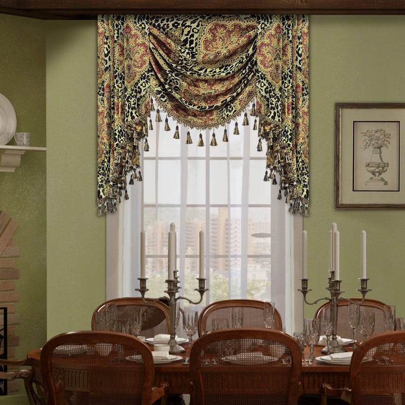 Loom and Mill Luxury Waterfall Valances for Windows, Boho Jacquard Thick Swag Waterfall Curtains Valance with Tassels for Living Room, Bedroom Party Banquet Decorations (Leopard, W39 Inch, 1 Panel) - Image 1