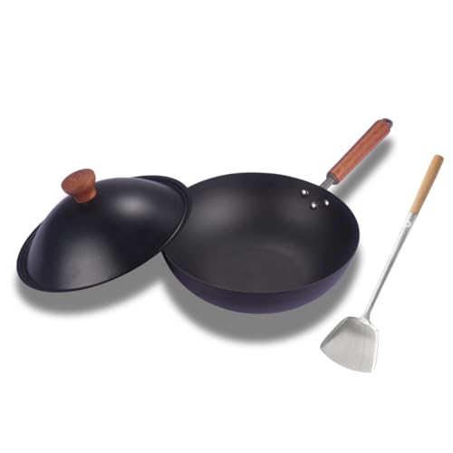 NUTRION 30 cm Titanium Coated Carbon Steel Wok with Wooden Handle & Spatula | Non-Stick Stir Fry Pan, Deep Fry Wok for Healthy Cooking - Image 1