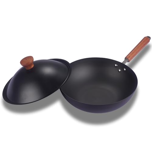 NUTRION 30 cm Titanium Coated Carbon Steel Wok with Wooden Handle & Spatula | Non-Stick Stir Fry Pan, Deep Fry Wok for Healthy Cooking - Image 2