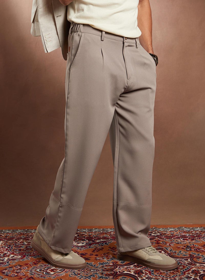 Campus Sutra Campus Sutra Men's Ash Beige Panelled-Straight Trousers For Casual Wear | Mid-Rise | Straight Fit | Button Closure | Trousers Crafted With Comfort Fit For Everyday Wear - Image 1
