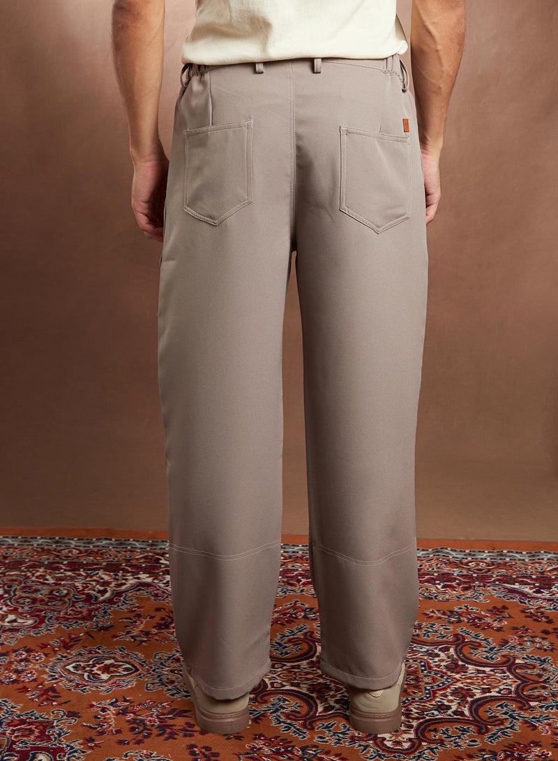 Campus Sutra Campus Sutra Men's Ash Beige Panelled-Straight Trousers For Casual Wear | Mid-Rise | Straight Fit | Button Closure | Trousers Crafted With Comfort Fit For Everyday Wear - Image 5