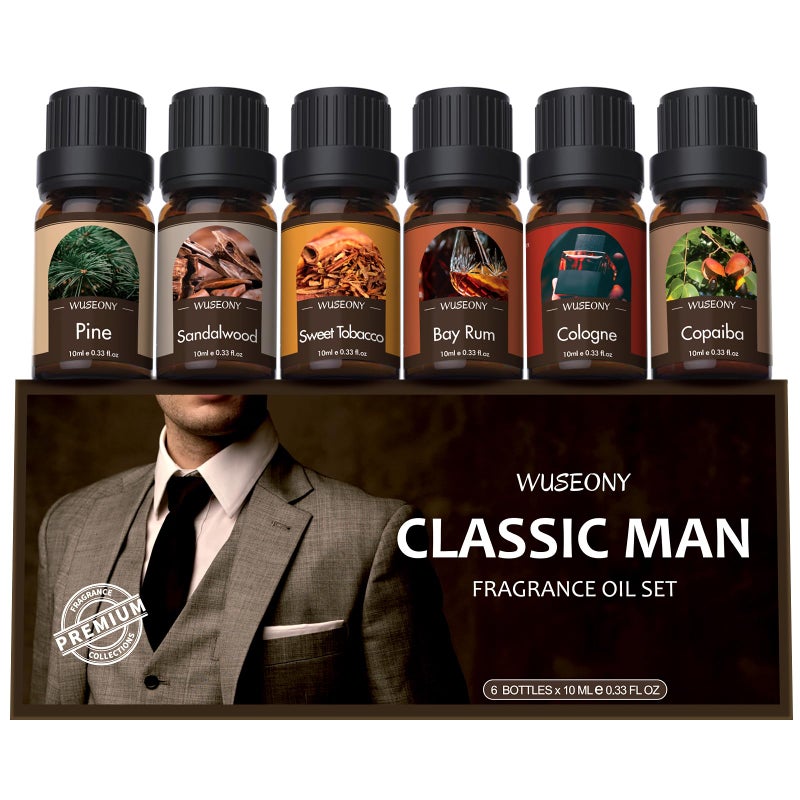 WUSEONY Classic Man Fragrance Oils Set Mens Essential Oils Set Pine Sweet Tobacco Bay Rum Cologne Copaiba Sandalwood Candle Scents for Candle Making Soap Making Supplies Diffuser Oil Scents