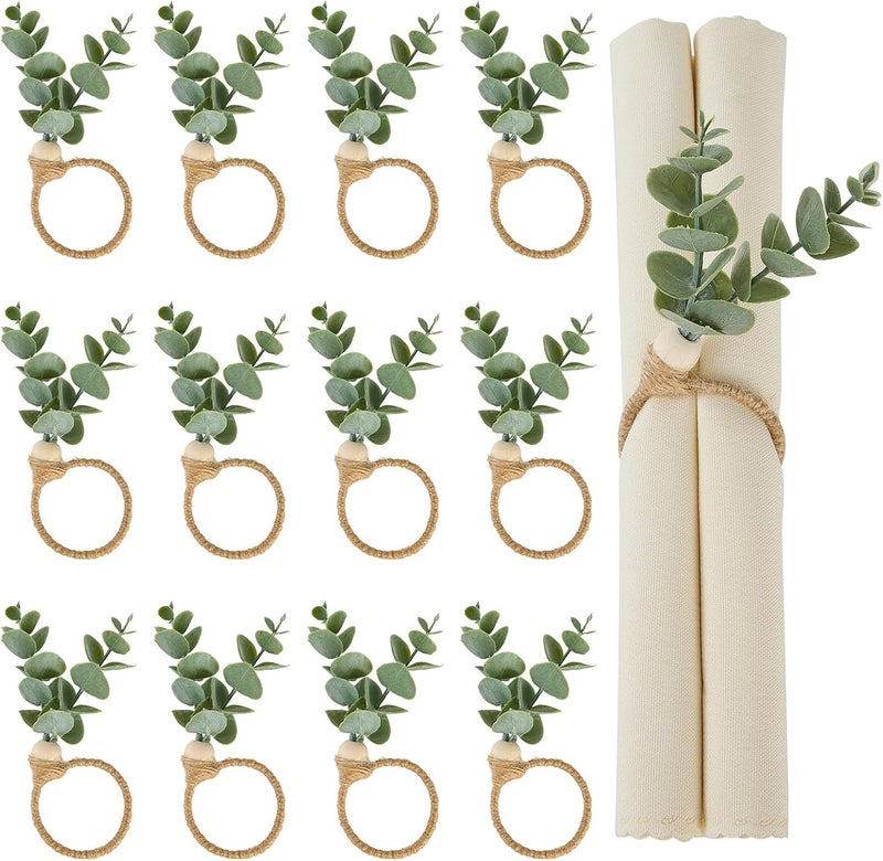 APTWOW Napkin Rings Set of 12, Christmas Napkin Rings, Boho Eucalyptus Leaf Napkins Rings, Wood Bead Farmhouse Easter Napkin Holder for Weddings Christmas Party Table Decoration - Image 1