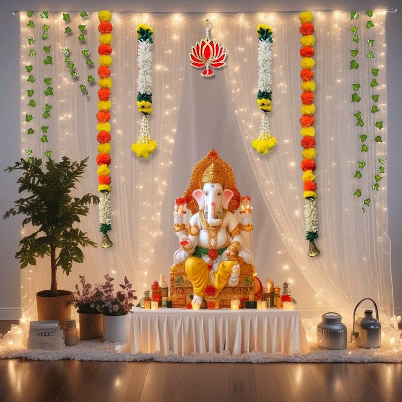 Abhaas Durga Pooja and Ganpati Decoration Items Diwali Pooja Room Decor Items Backdrop for Haldi Ceremony with Net Curtains and LED Lights for Decoration with Gajra