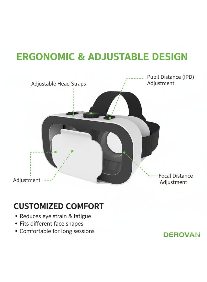 DEROVAN ZAMZIN VR Virtual Reality Headset with Remote Controller - 3D VR Glasses for Movies & Games, Compatible with Smartphones (White/Black) - Image 4
