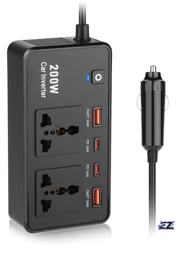 ELTRAZONE 200W Car Inverter 12V DC to 220V AC Power Adapter – Includes 2 USB-A & 2 Type-C Ports for Laptop, Computer, Smartphones – Compact and Portable Power Converter for Car Travel, Home & Office  - Image 1