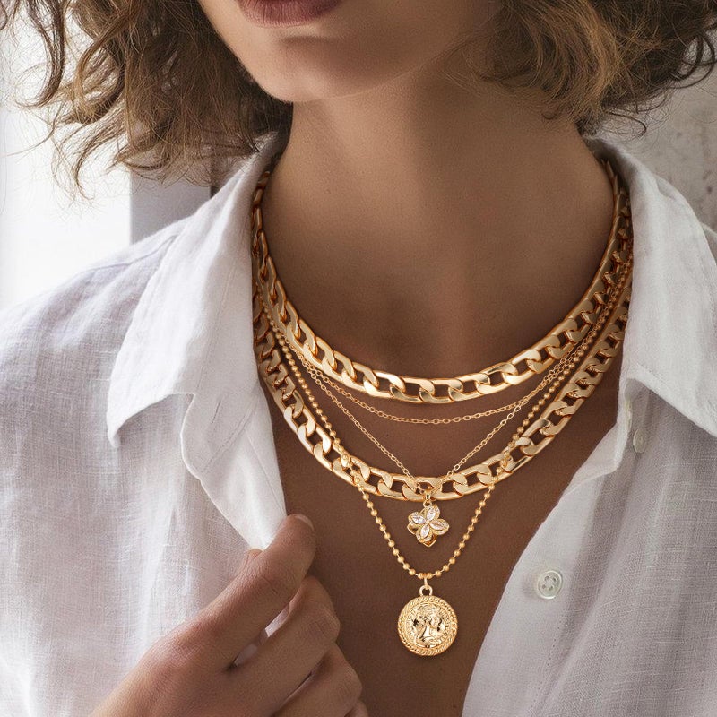 MJartoria Gold Layered Necklaces for Women Trendy Retro Coin Pendant Necklace Dainty Chunky Chain Choker Necklaces for Jewelry Birthday Gifts (Gold, A-Z-Rotatable Clover+Rhinestone-5 in 1 Layered) - Image 4