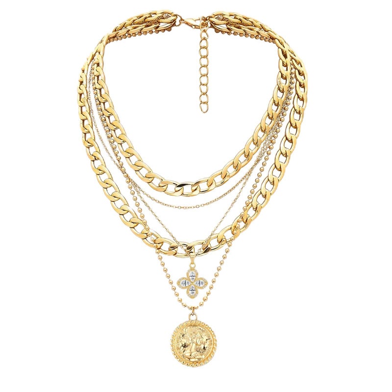 MJartoria Gold Layered Necklaces for Women Trendy Retro Coin Pendant Necklace Dainty Chunky Chain Choker Necklaces for Jewelry Birthday Gifts (Gold, A-Z-Rotatable Clover+Rhinestone-5 in 1 Layered) - Image 1