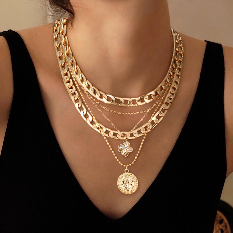 MJartoria Gold Layered Necklaces for Women Trendy Retro Coin Pendant Necklace Dainty Chunky Chain Choker Necklaces for Jewelry Birthday Gifts (Gold, A-Z-Rotatable Clover+Rhinestone-5 in 1 Layered) - Image 2