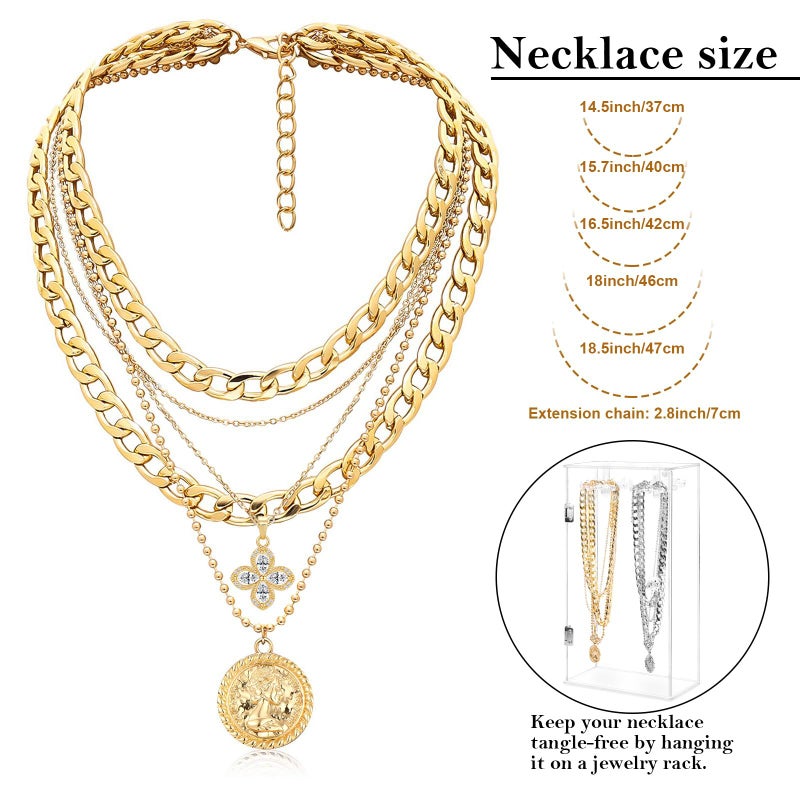 MJartoria Gold Layered Necklaces for Women Trendy Retro Coin Pendant Necklace Dainty Chunky Chain Choker Necklaces for Jewelry Birthday Gifts (Gold, A-Z-Rotatable Clover+Rhinestone-5 in 1 Layered) - Image 5