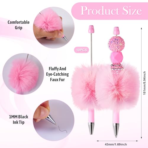 BB Beadthoven Beadthoven 10pcs Fluffy Beadable Pens, Cute Plush Ball Beaded Pens DIY Plastic Bead Pen Funny Pom Pom Pens Shaft Black Ink Ballpoint Pens for DIY Pens Decorations Supplies Gift Office School Pink - Image 2