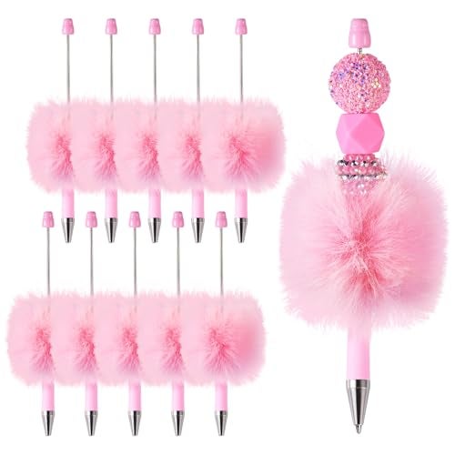 BB Beadthoven Beadthoven 10pcs Fluffy Beadable Pens, Cute Plush Ball Beaded Pens DIY Plastic Bead Pen Funny Pom Pom Pens Shaft Black Ink Ballpoint Pens for DIY Pens Decorations Supplies Gift Office School Pink - Image 1