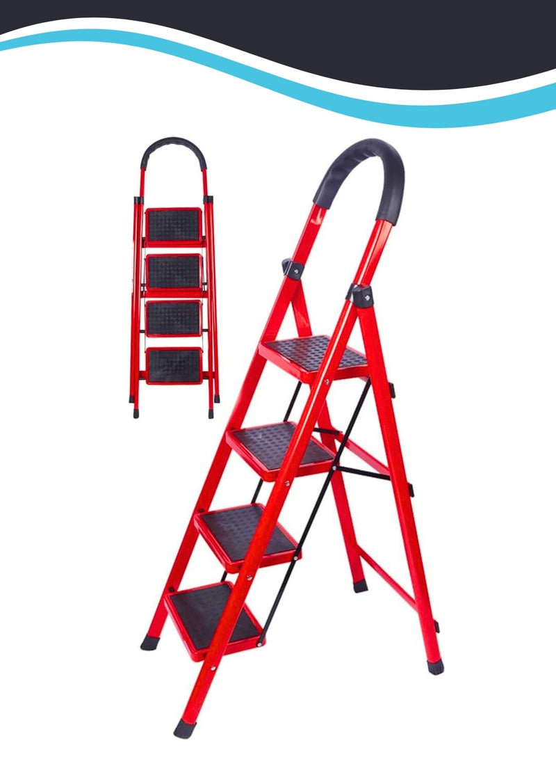 4 Step Ladder Folding Wide Steel 150kg Capacity, Multi Purpose Portable Stool for Home,Kitchen, Garden, Office, WarehouseRed, 4step - Image 1