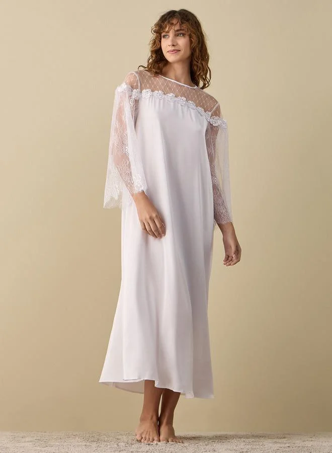 سبلاش فيڤ قميص نوم شبكي بتطريز زهور ثلاثي الأبعاد وأكمام طويلة