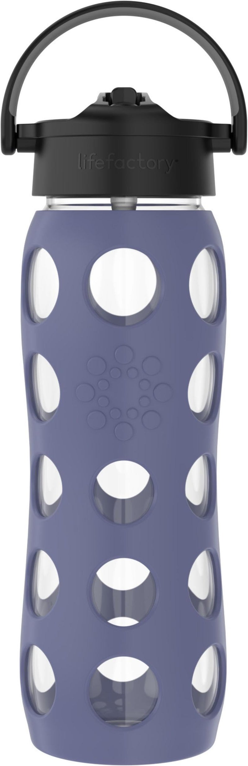 Lifefactory 22-Ounce Glass Water Bottle with Pivot Straw Cap and Protective Silicone Sleeve, Dusty Purple - Image 1