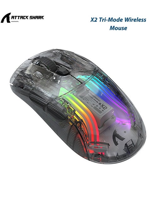 X2 Wireless Gaming Mouse,Tri-Mode Wireless Mouse-2.4Ghz/Bluetooth 5.0/USB C Wired,Ergonomic PC Gaming Mice with Transparent Shell-PixArt 3212-RGB Backlit-Silent Click for Win/MAC,Black