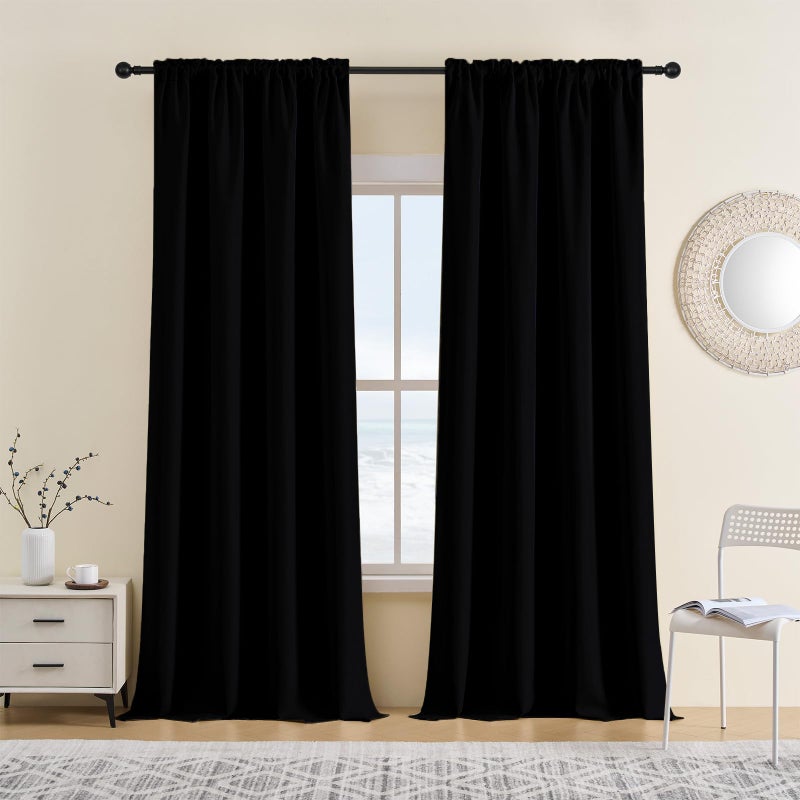 CUCRAF Pure Black Blackout Curtains 84 inch Length 2 Panels Set, Rod Pocket Room Darkening Drapes for Bedroom Living Room, Insulated Thermal Light Blocking Window Curtain (52 x 84 inches) - Image 1