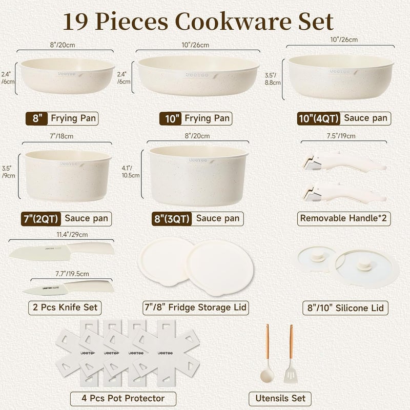 JEETEE Pots and Pans Set Non Stick 19pcs, Kitchen Cookware Sets with Detachable Handle, Induction Nonstick Cookware Set with Removable Handle, Stackable RV Cookware, Oven Safe, PFOA Free, Beige - Image 2