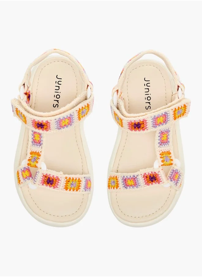 جونيورز Girls Embroidered Sandals with Hook and Loop Closure