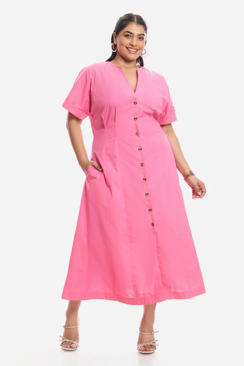 فيرجيو Solid Cotton Pleated Midi Shirt Plus Size Dress for Women